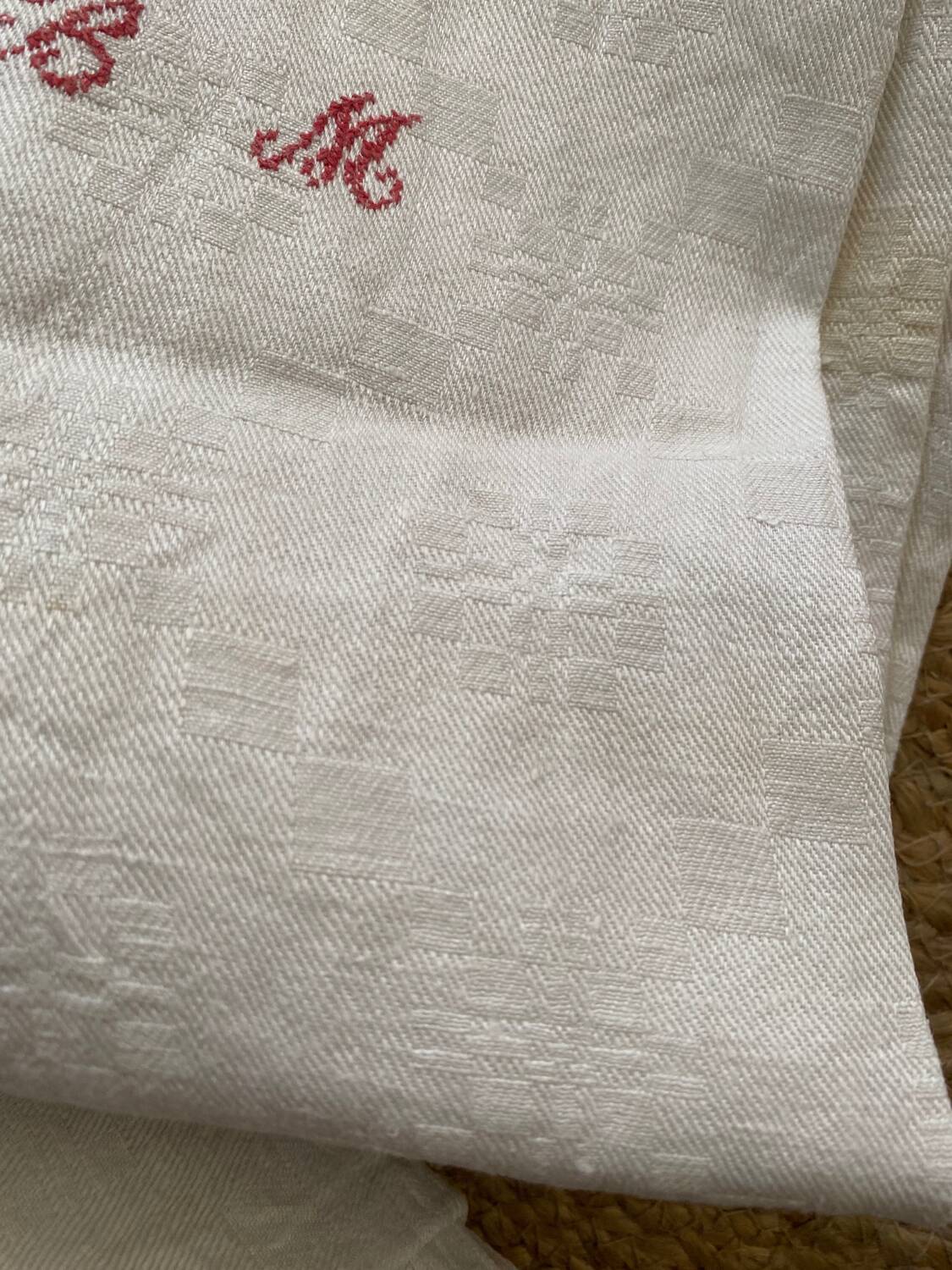 5 country tea towels in BM monogram linen damask.