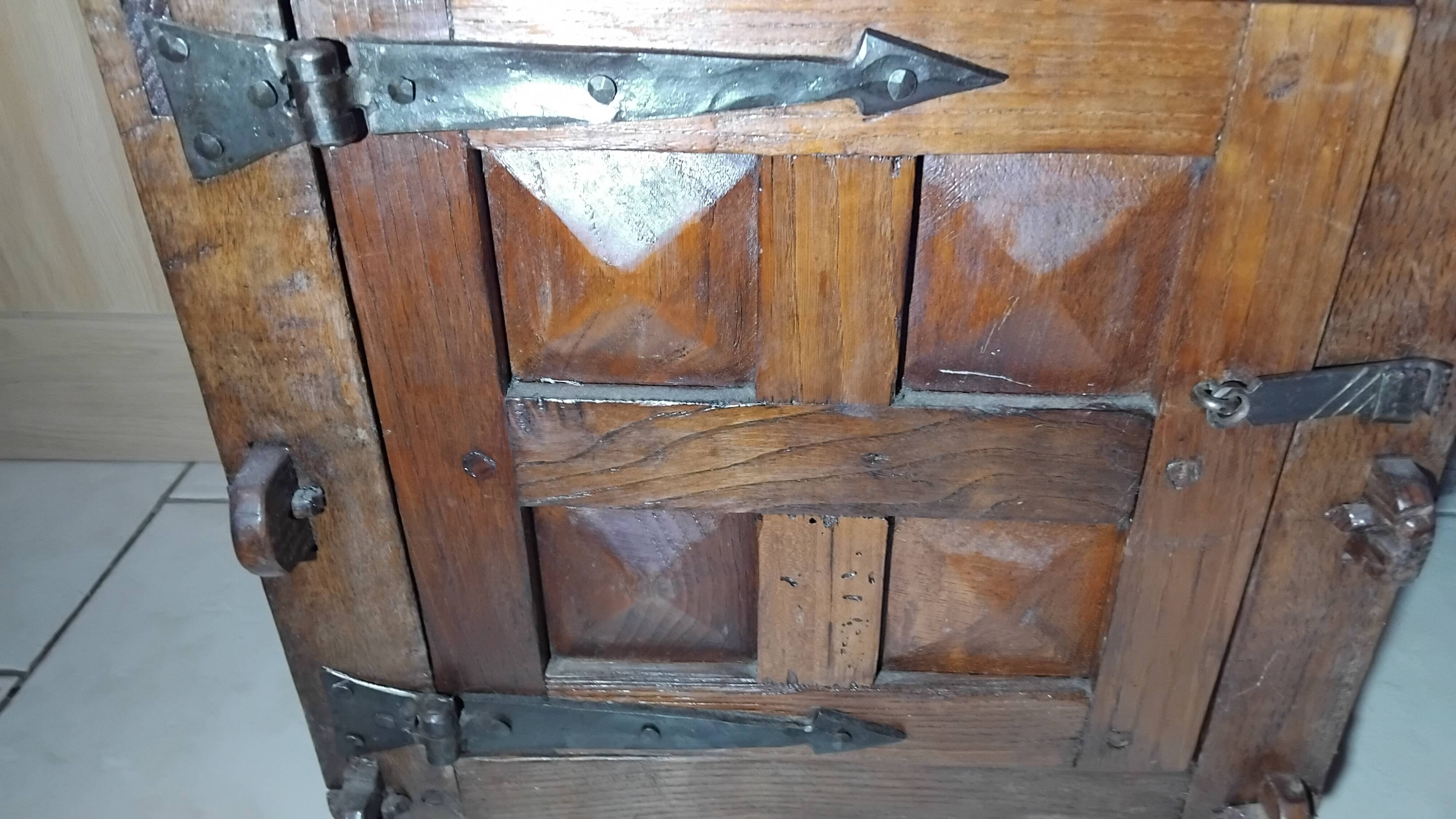 Small vintage brutalist solid oak jam cupboard with wrought iron trim