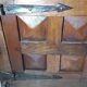 Small vintage brutalist solid oak jam cupboard with wrought iron trim