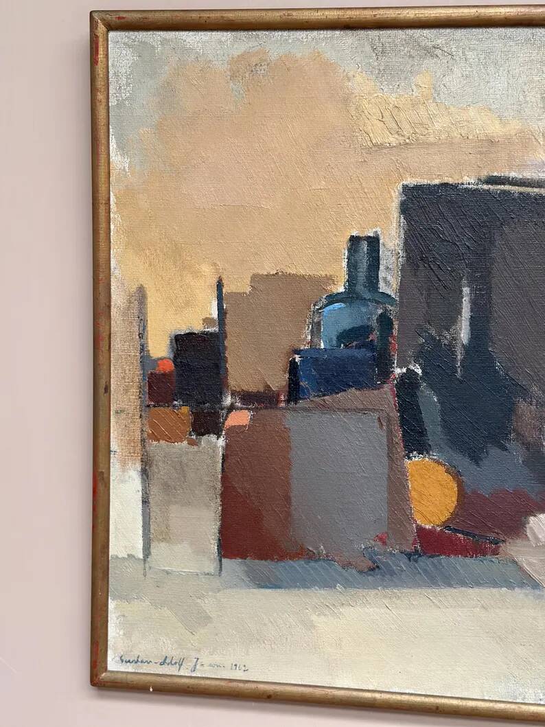 Large original Swedish oil on canvas - 'Blue Bottle and Books' by Gustav Adolf Johansson - 1962 - vintage and framed