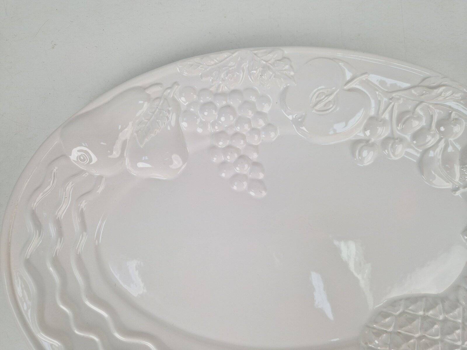 Vintage Large White Majolica Serving Bowl with Relief Fruits by A. Santos, Portugal, 1970s