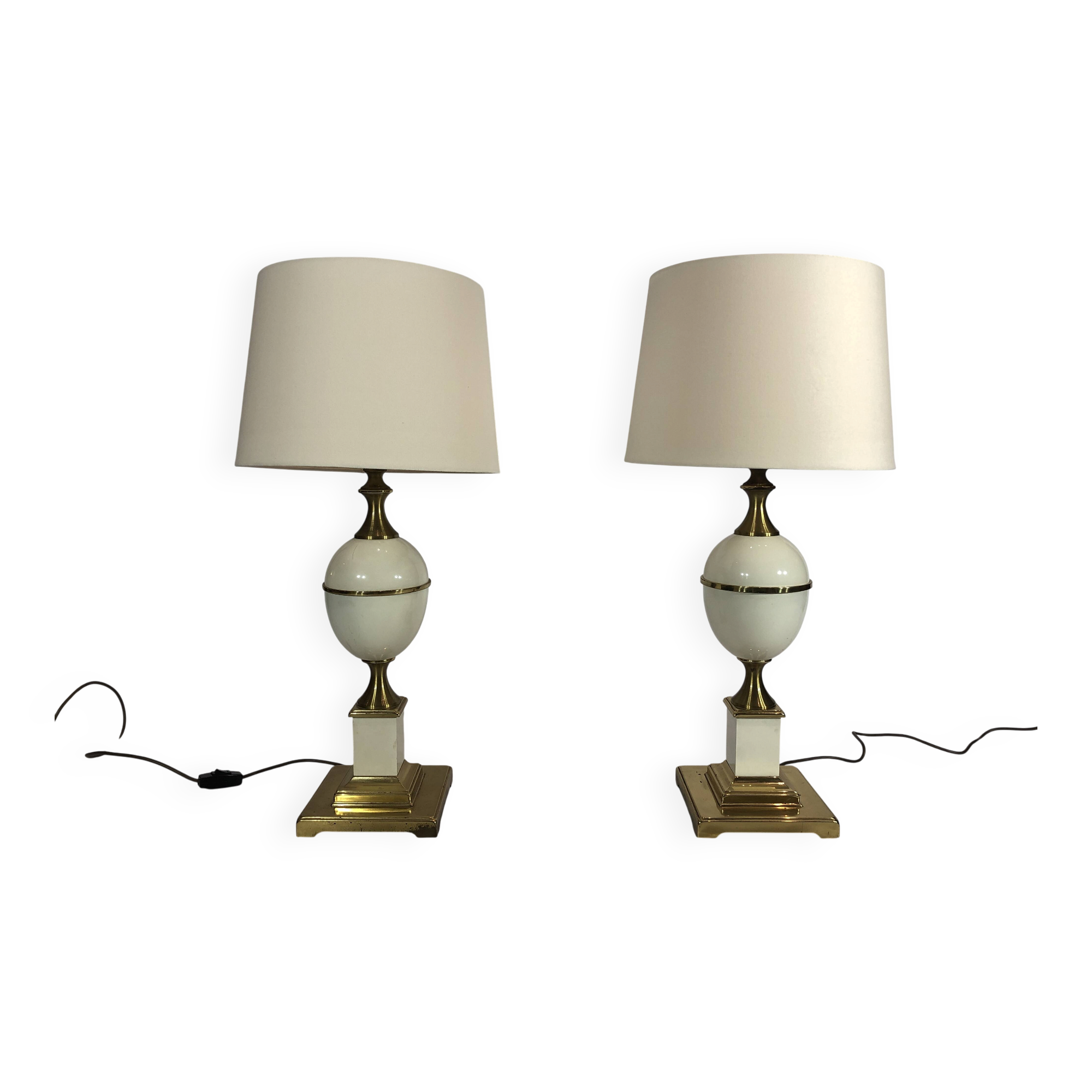 Near Pair of Vintage Enamel Egg Table Lamps - 1970s Hollywood Regency Retro