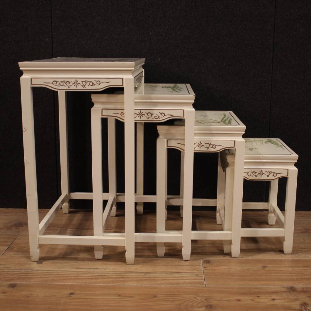 Set of 4 French lacquered and painted coffee tables