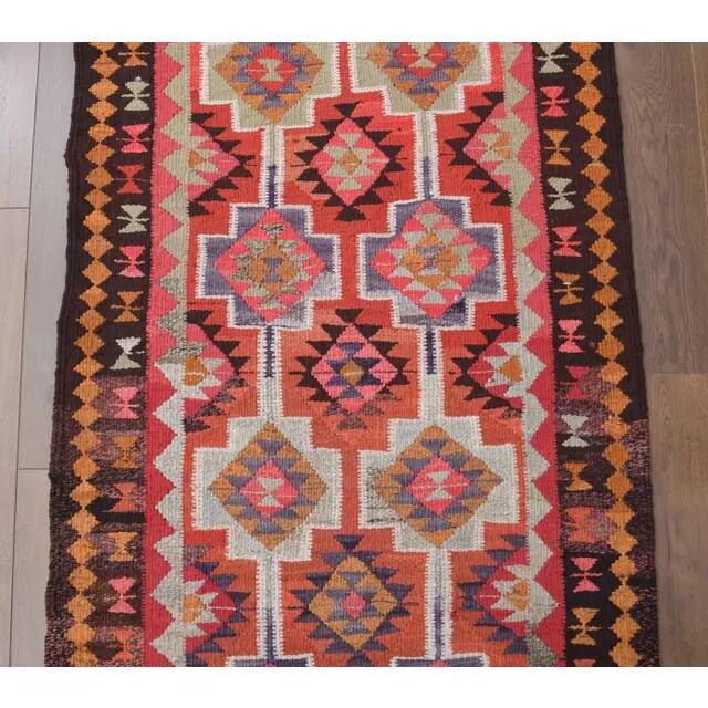 1970s Vintage Turkish Hand-Knotted Wool Cotton Red Runner Rug 94x347