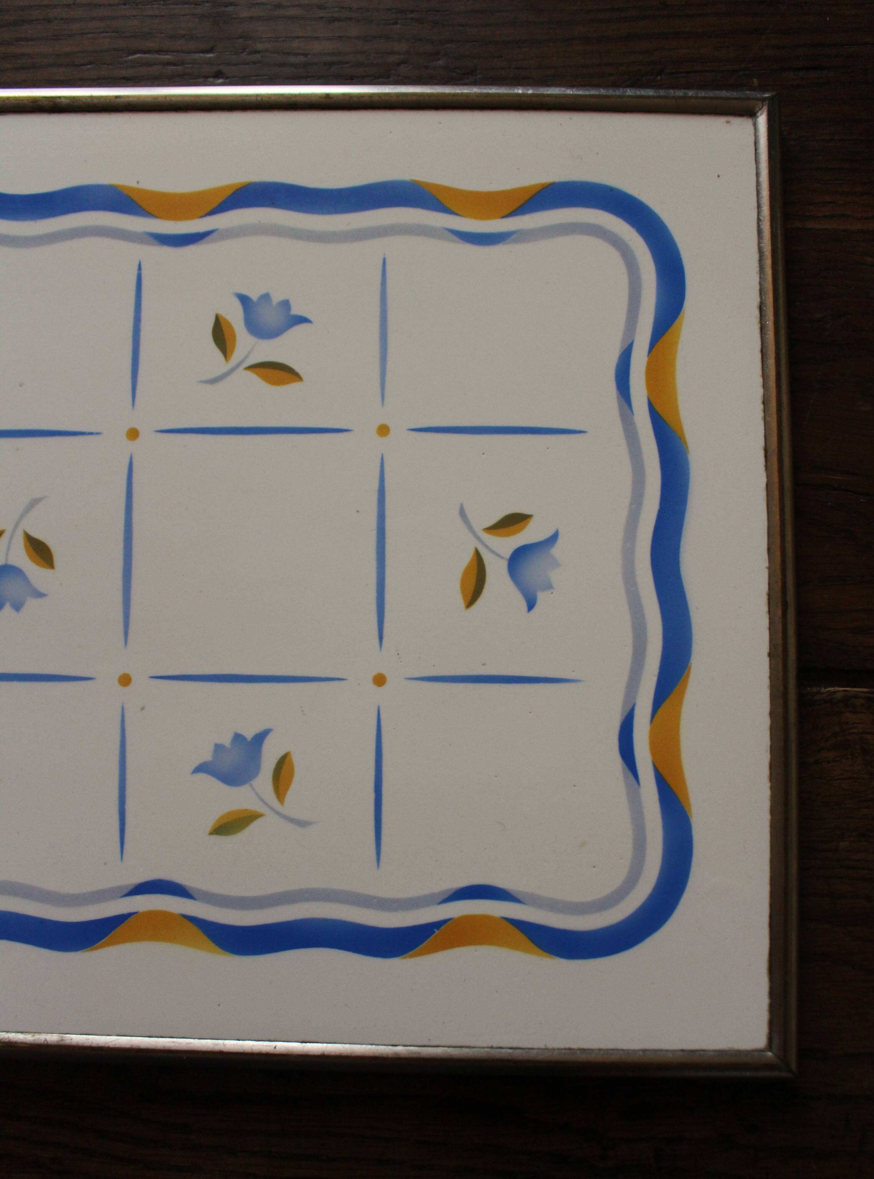 Art Deco yellow and blue tulip metal earthenware tray