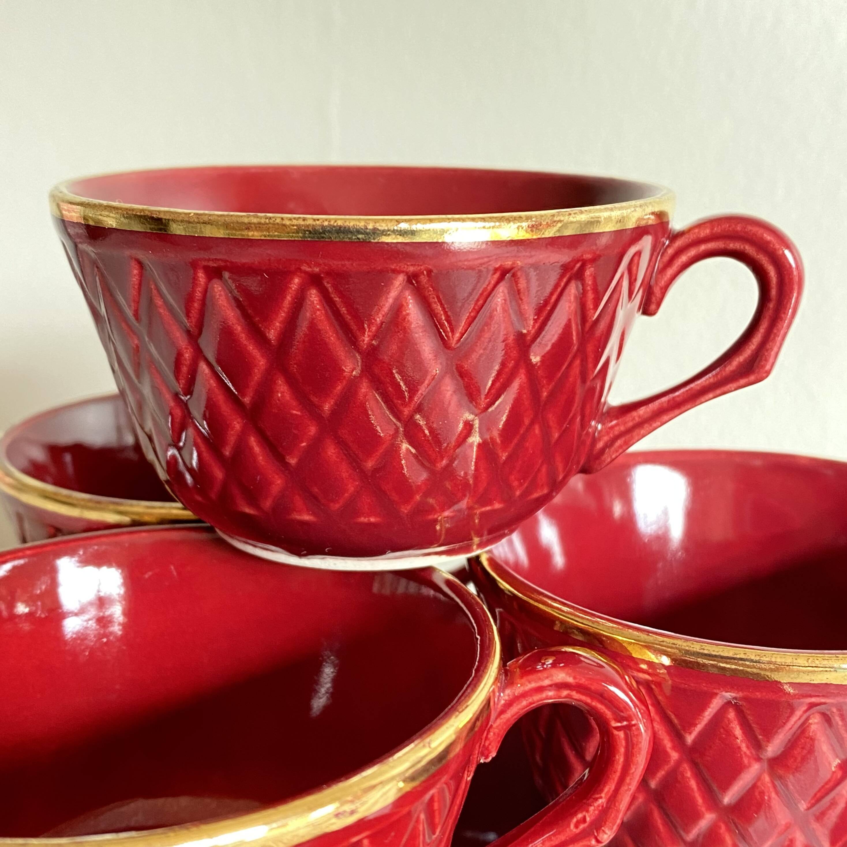Set of 10 old red and gold ceramic coffee tea cups