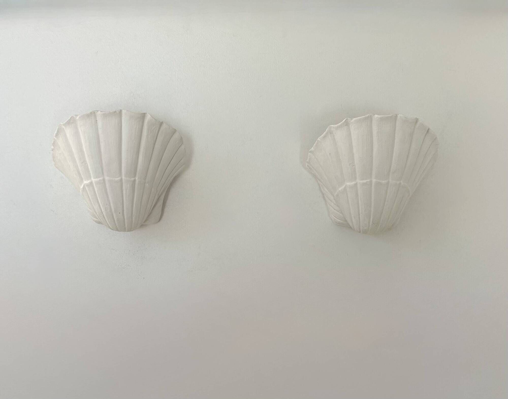 Pair of vintage seashell wall sconces, matte white plaster, France 1970