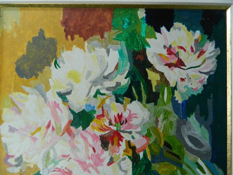 Framed floral oil painting, peony vase