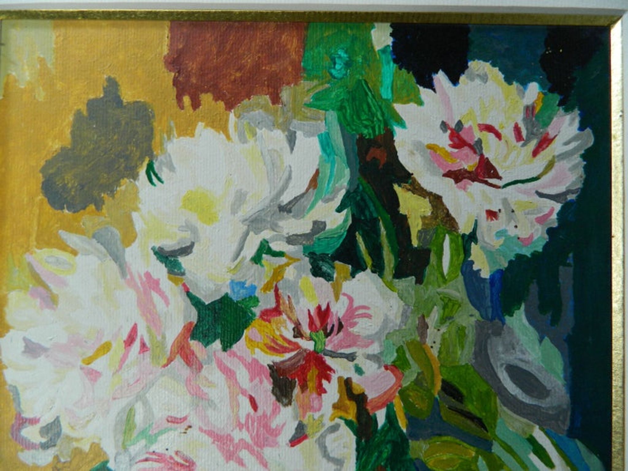 Framed floral oil painting, peony vase