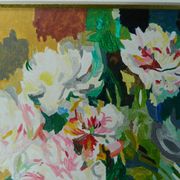 Framed floral oil painting, peony vase