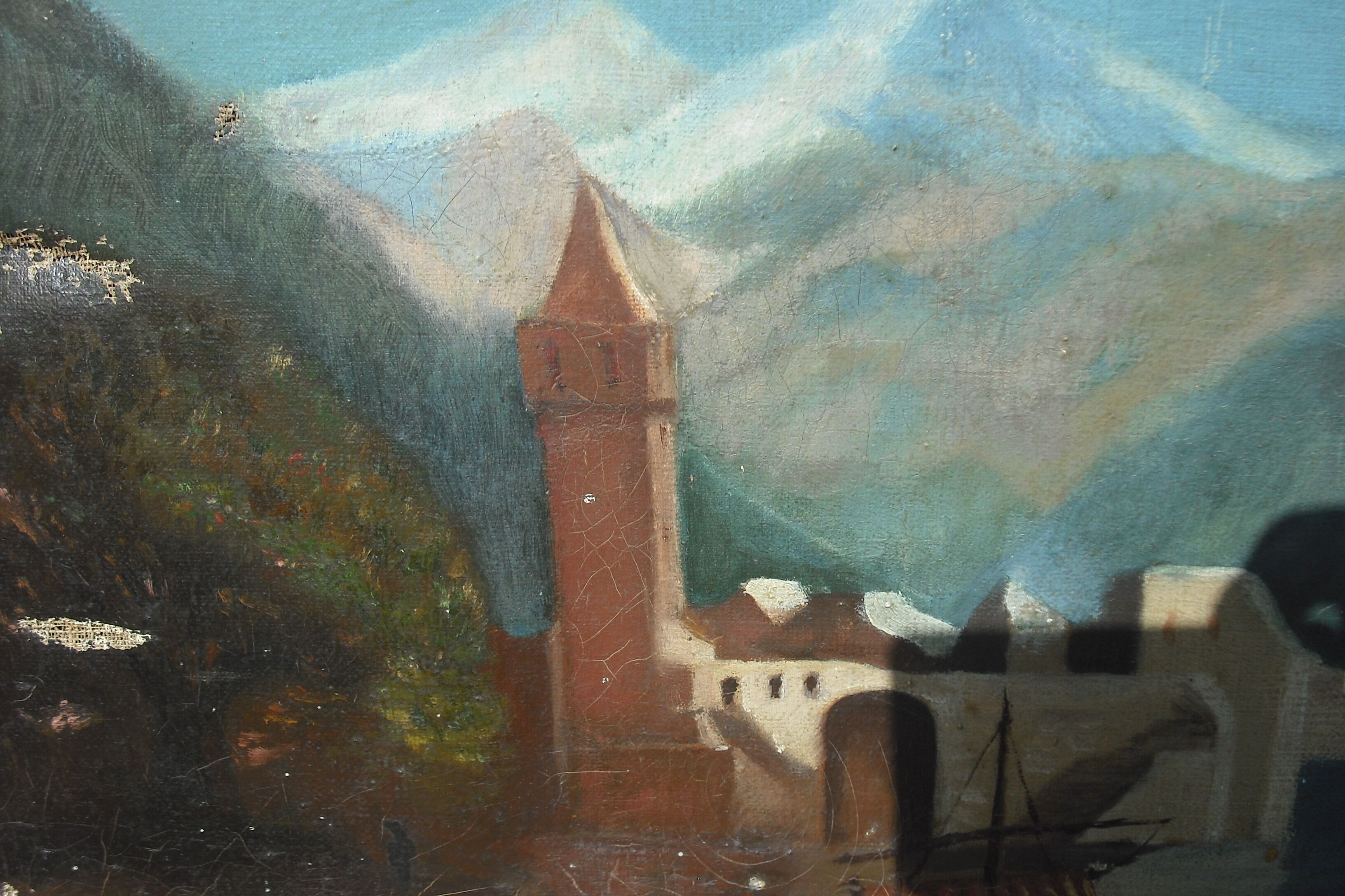 Huile sur toile scène lacustre signée - 47 x 34