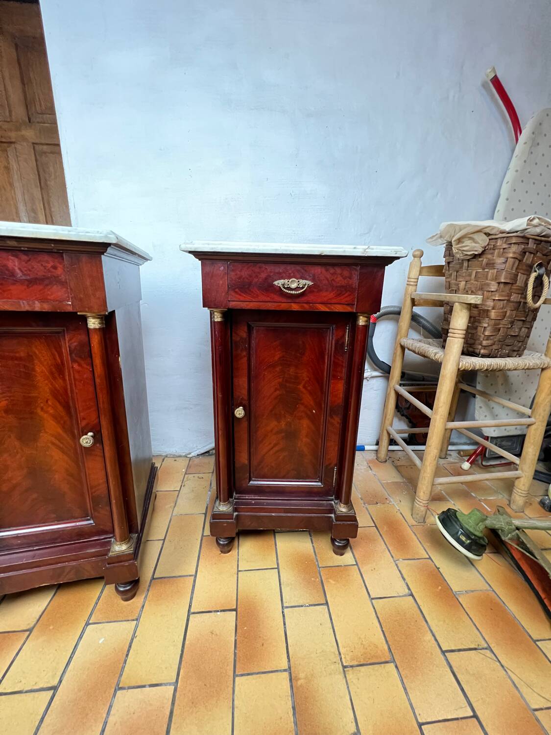 Pair of Napoleon III bedside tables in mahogany and marble