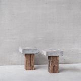 Pair of wooden and stone side tables