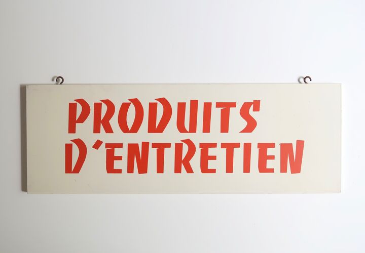 Plaque enseigne en bois peint " produits d'entretien ", années 60