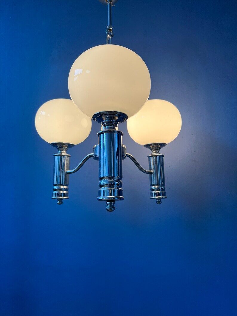 Mid-century white opaline glass chandelier with chrome frame