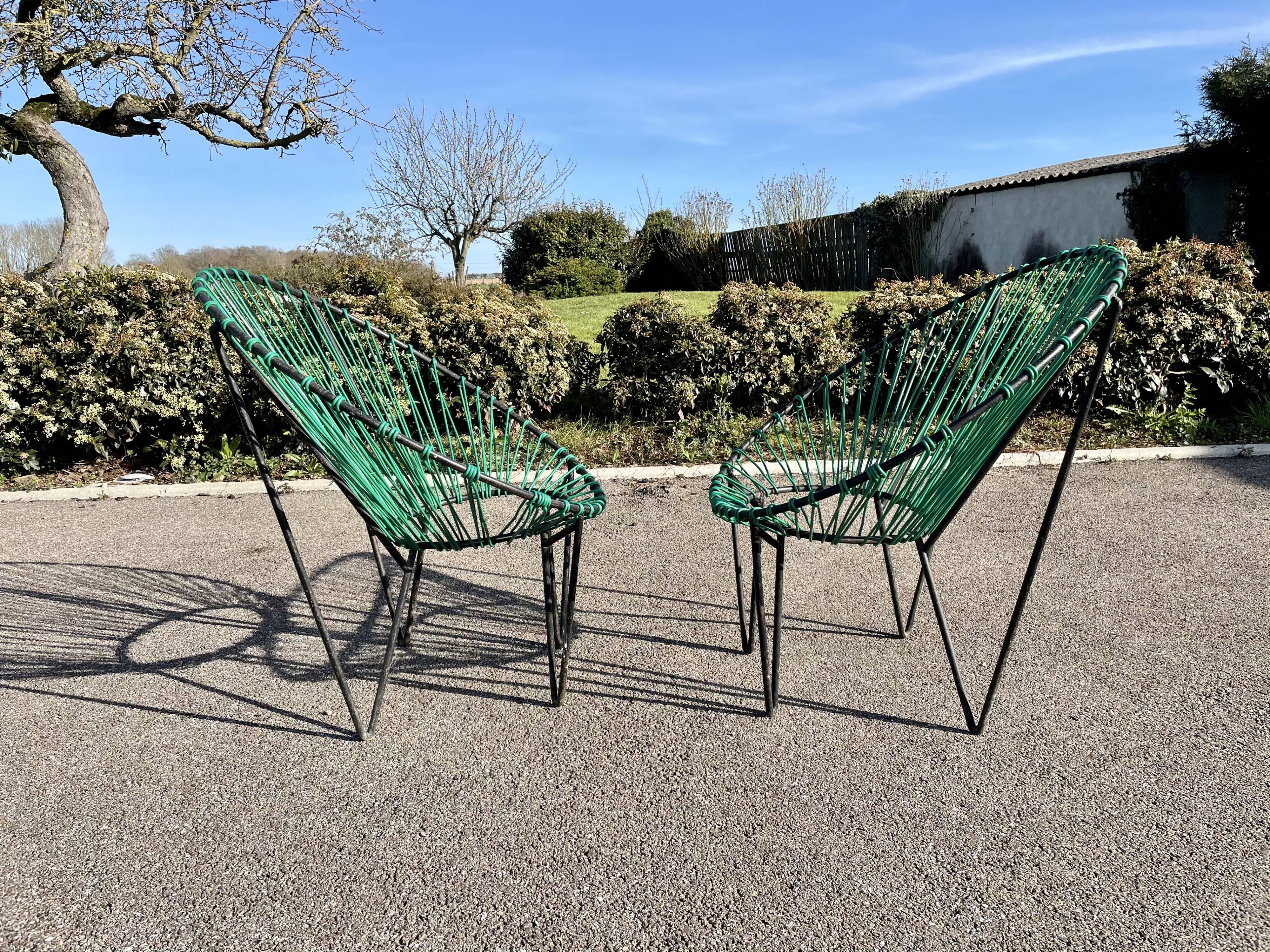 Pair of garden chairs Acapulco 1950 vintage scoubidou metal heaters