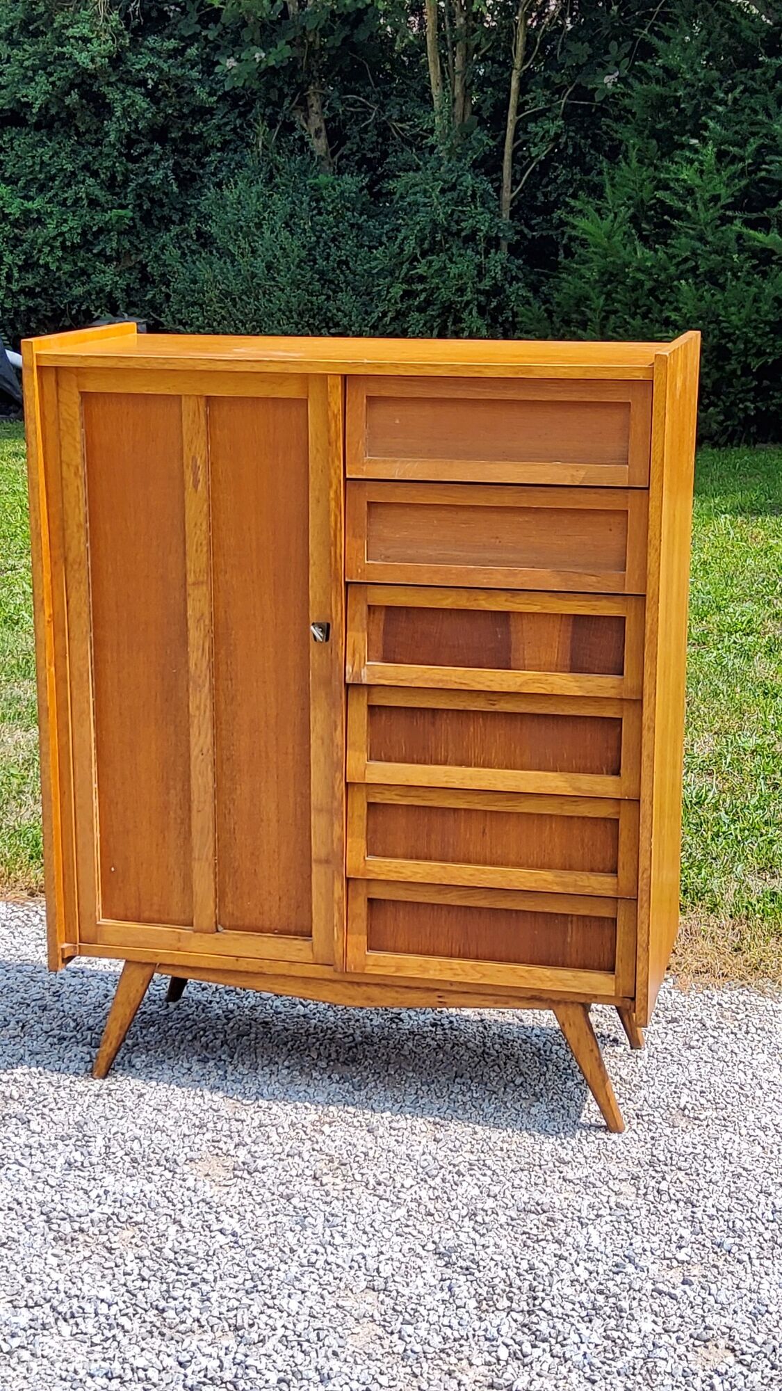 Vintage Golden Blond Oak Chest of drawers Feet Compass 6 Drawers 1 Door 50s