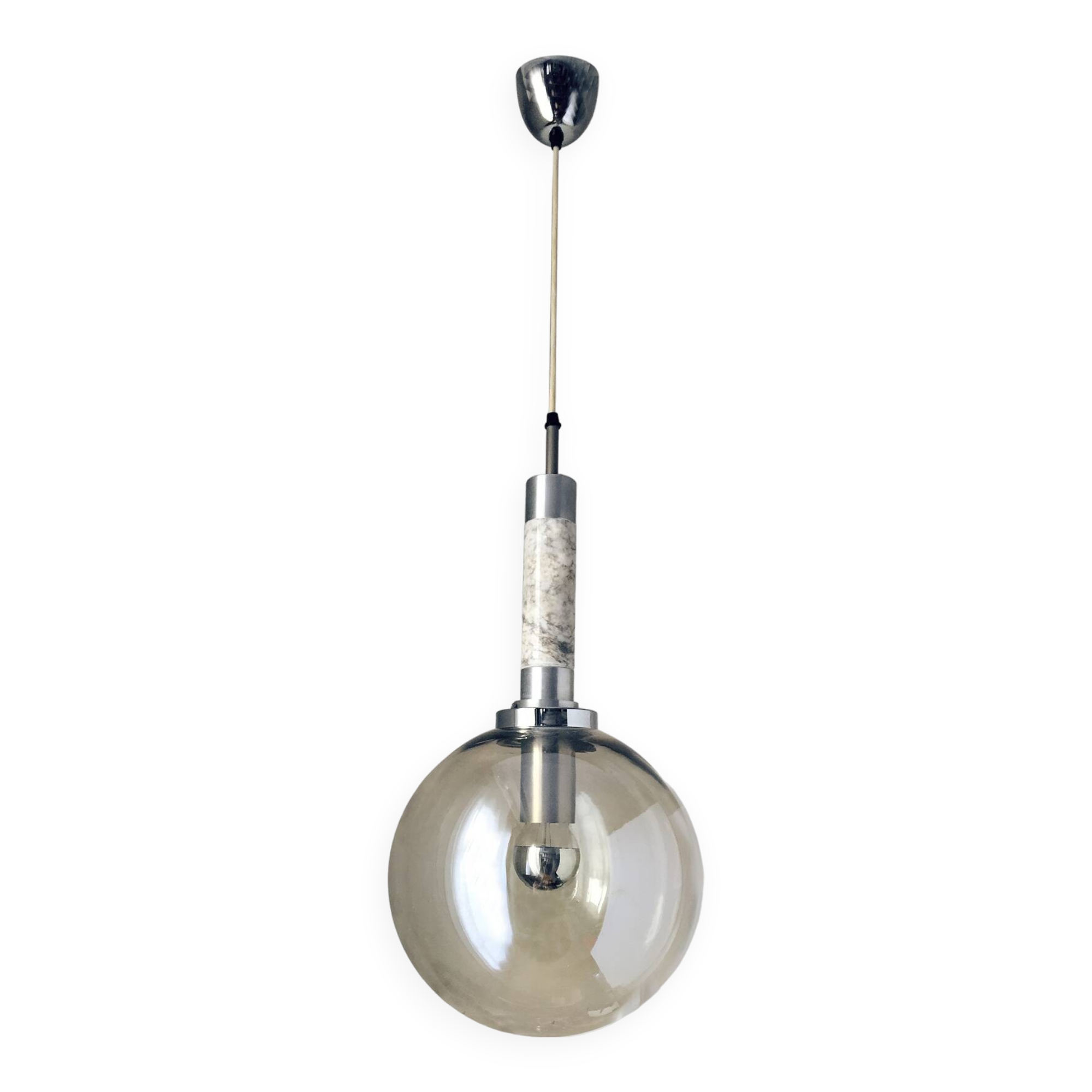 Scandinavian pendant light in brushed stainless steel marble and smoked glass globe. 1970