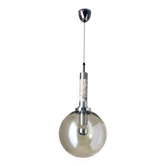 Suspension scandinave en marbre inox brossé et globe verre fumé. 1970