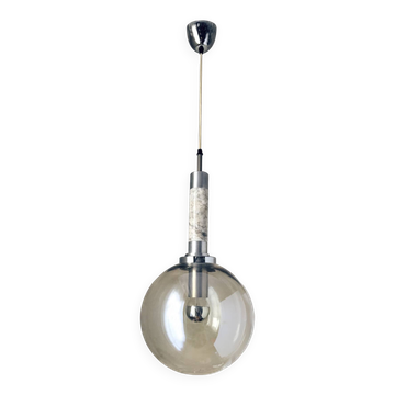 Scandinavian pendant light in brushed stainless steel marble and smoked glass globe. 1970