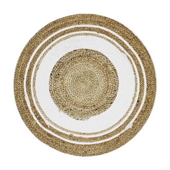 Jute carpet and round cotton white beige 70 cm