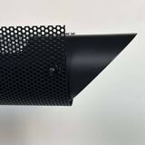 Pair of vintage wall lights, tubular and perforated black metal, Parscot France 1980