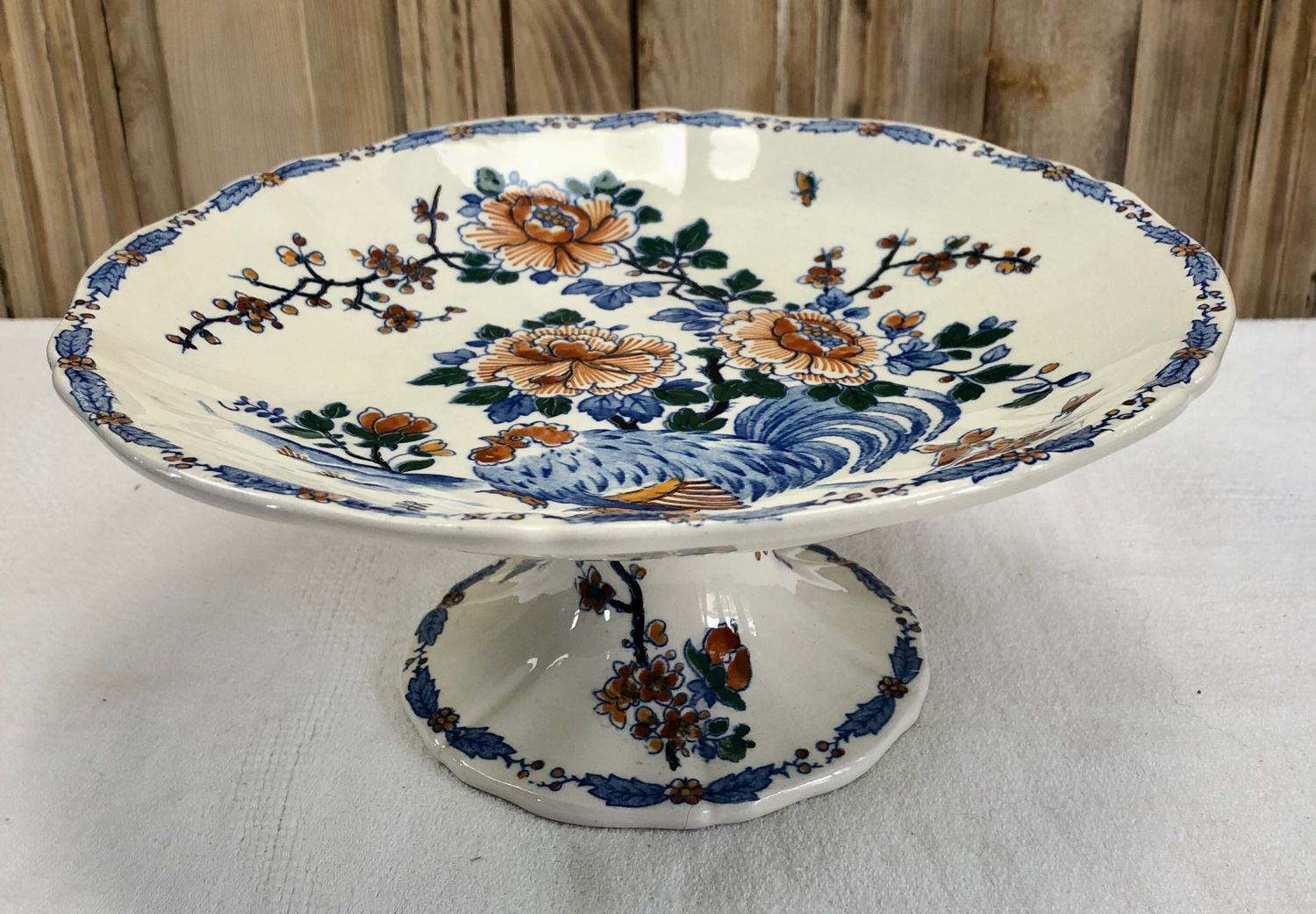 Compotier fruit cutters on pedestal Gien rooster and peonies 1938 1960