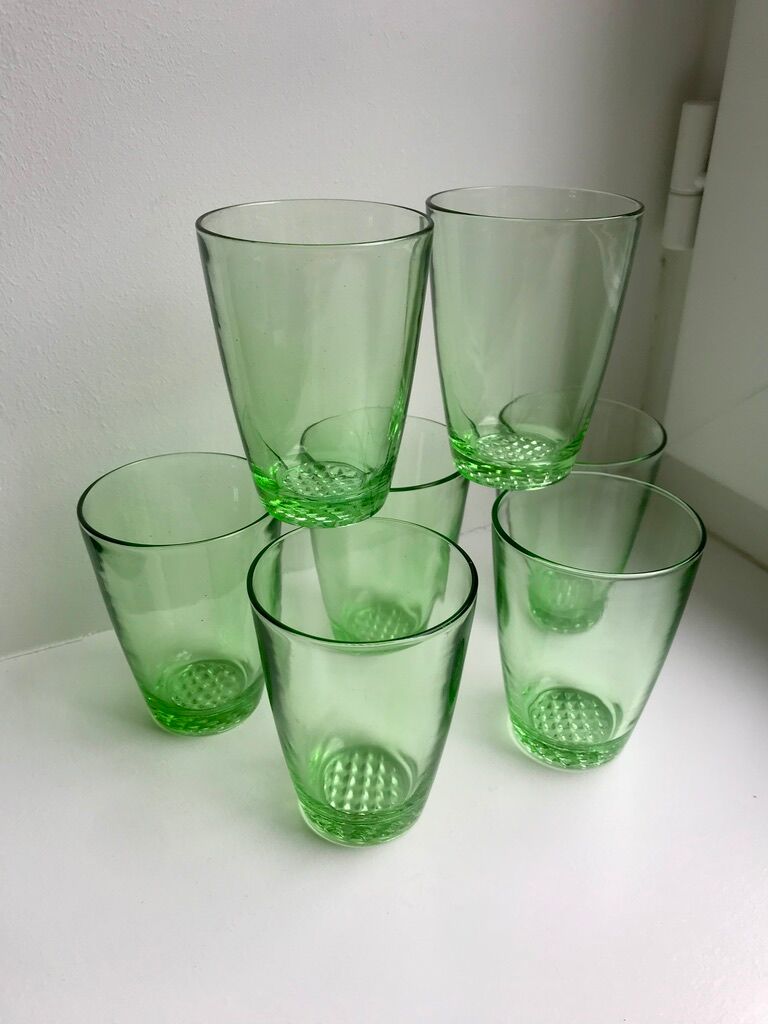 set of 7 water glasses Made in France green glass 70s