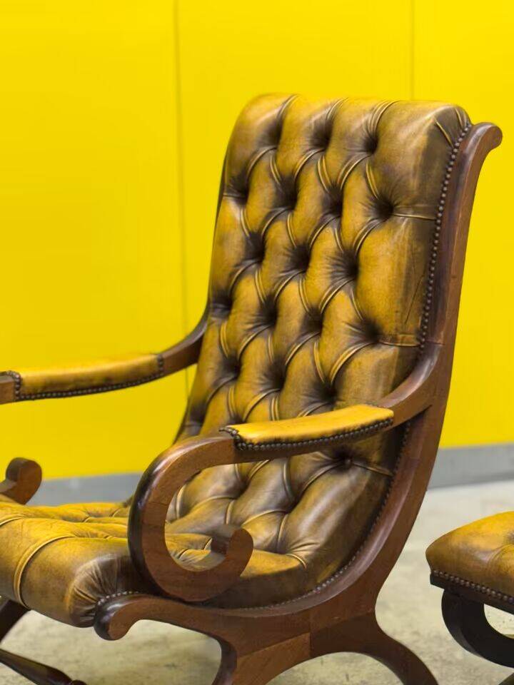 Original English Chesterfield Wingback Chair & Matching Footstool