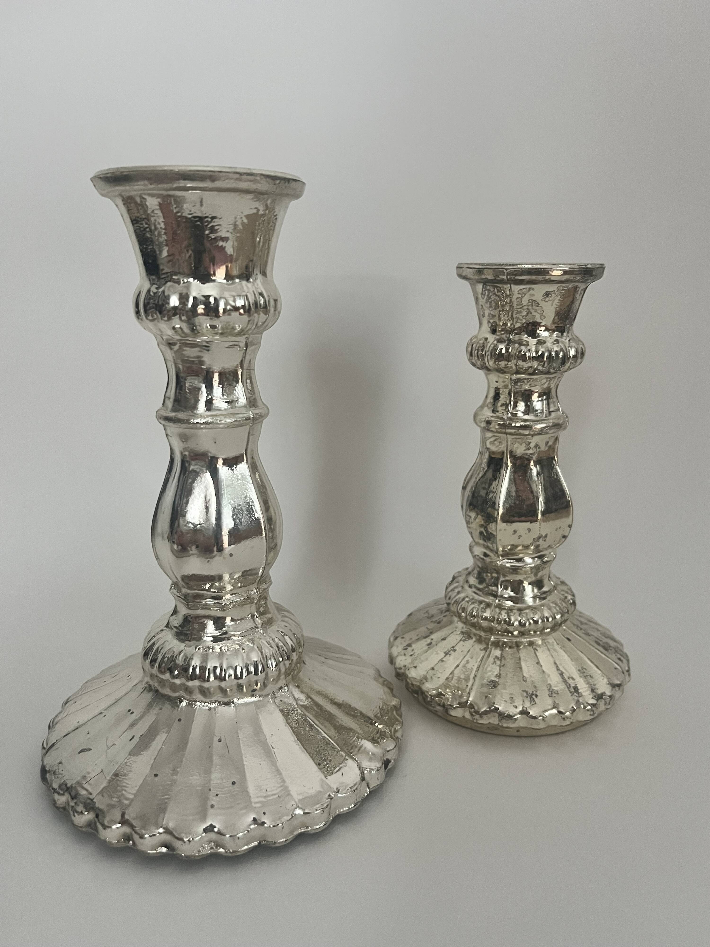 Pair of eglomisé glass candle holders, party decoration