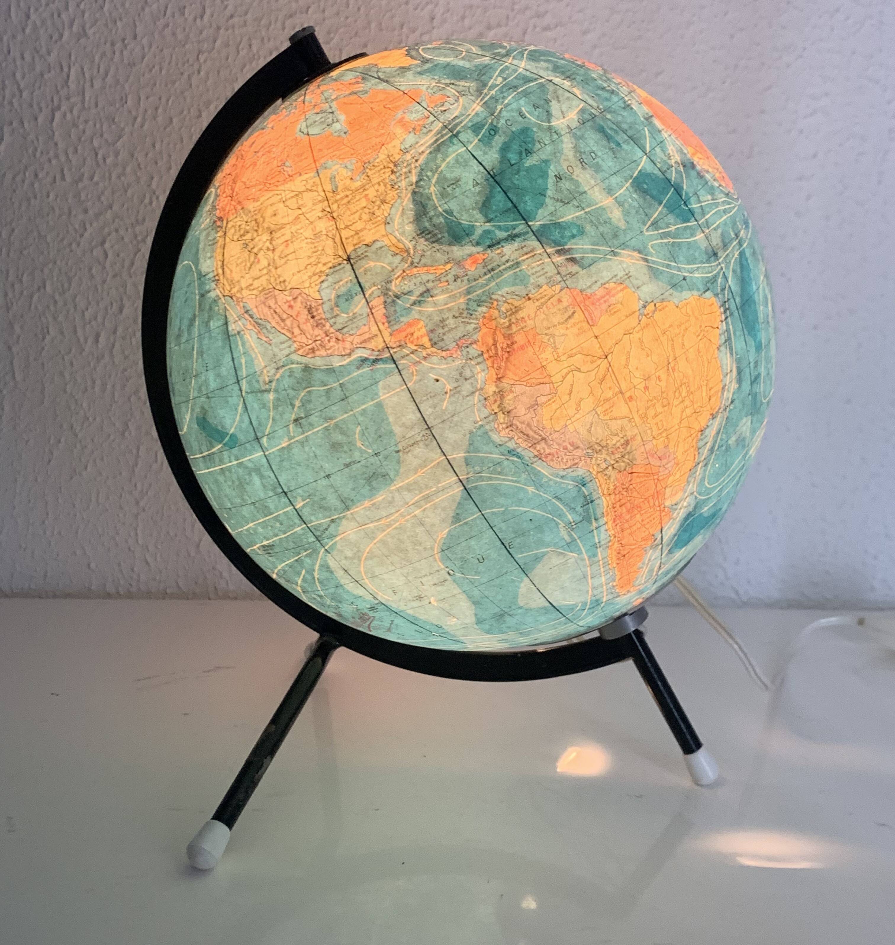 Vintage 1975 globe, tripod glass, Taride world map - 28 cm
