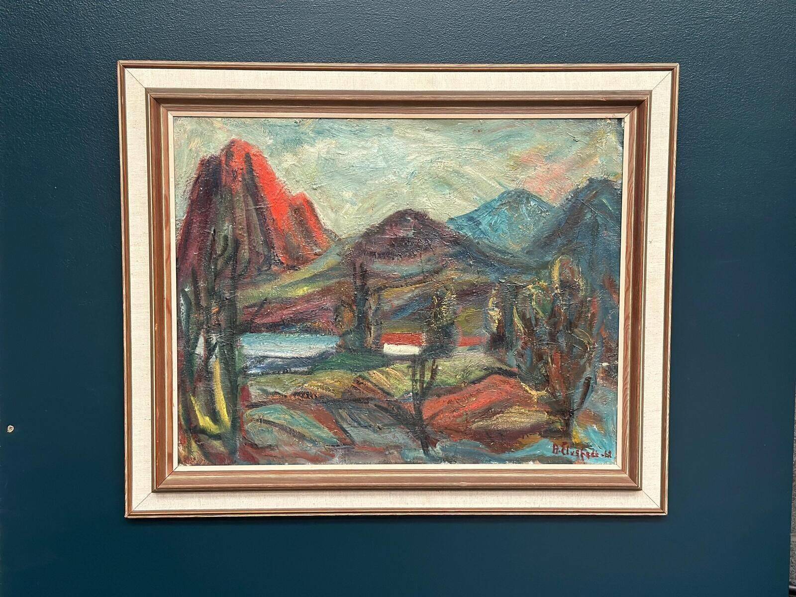 Original Mid Century Swedish Oil On Canvas – “Hut Between Hills” By B. Elvsfedt – 1962 – Vintage & Framed – 83 × 70 Cm (32.7" × 27.6")