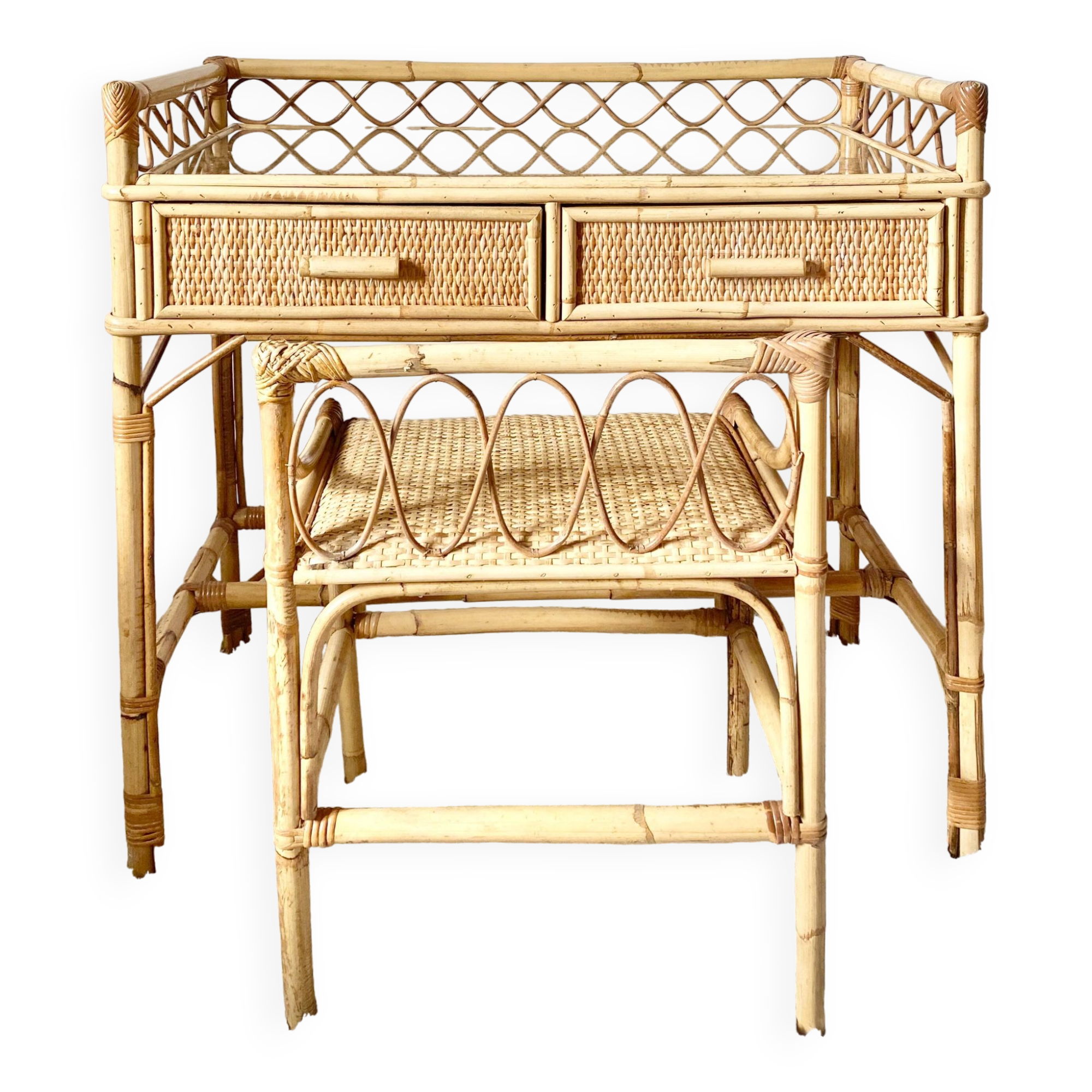 Vintage rattan desk with stool