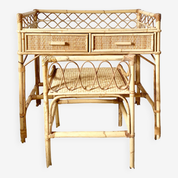 Vintage rattan desk with stool