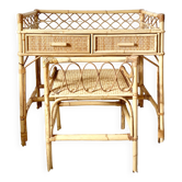 Vintage rattan desk with stool