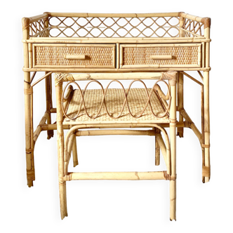 Vintage rattan desk with stool