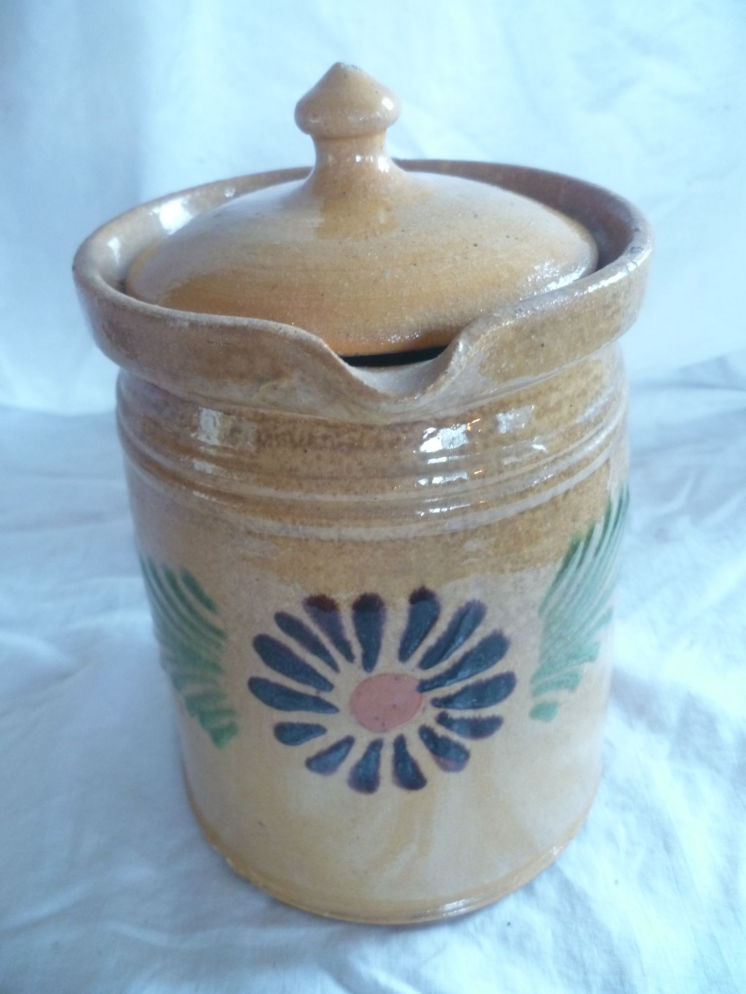 Milk jar / cream & its lid terracotta varnished Savoyard folk art chalet deco collector
