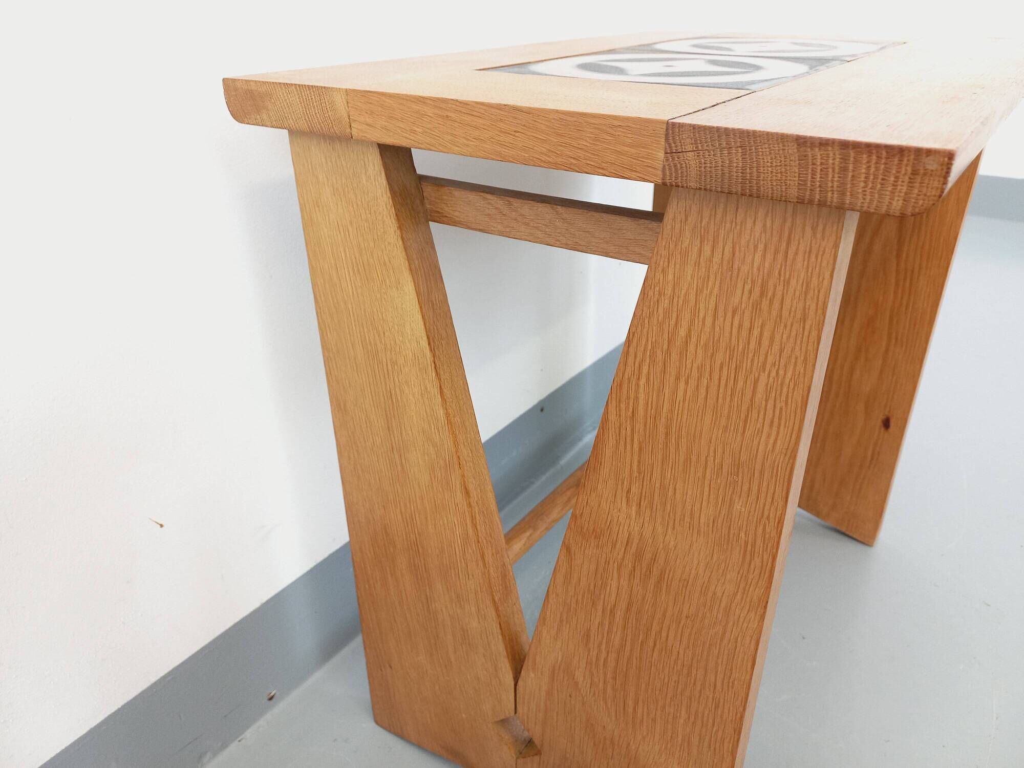 Vintage Guillerme and Chambron coffee and side table in solid oak and ceramic from the 50s and 60s