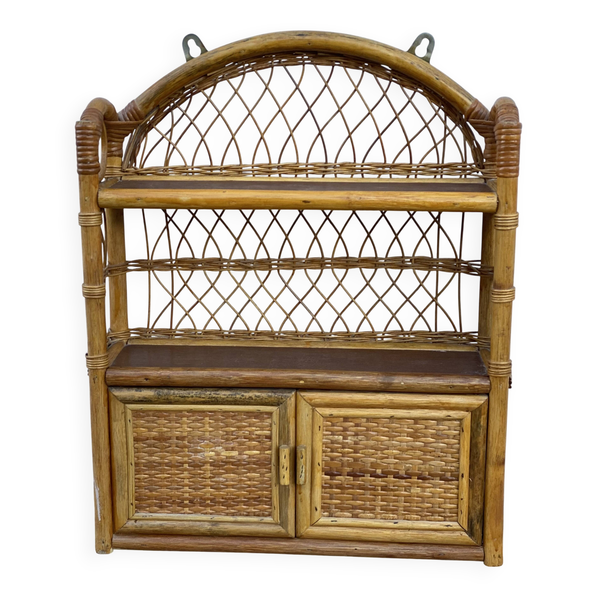 Small vintage 1970s rattan wall shelf with 2 doors.