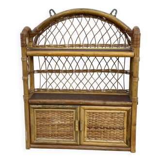 Small vintage 1970s rattan wall shelf with 2 doors.