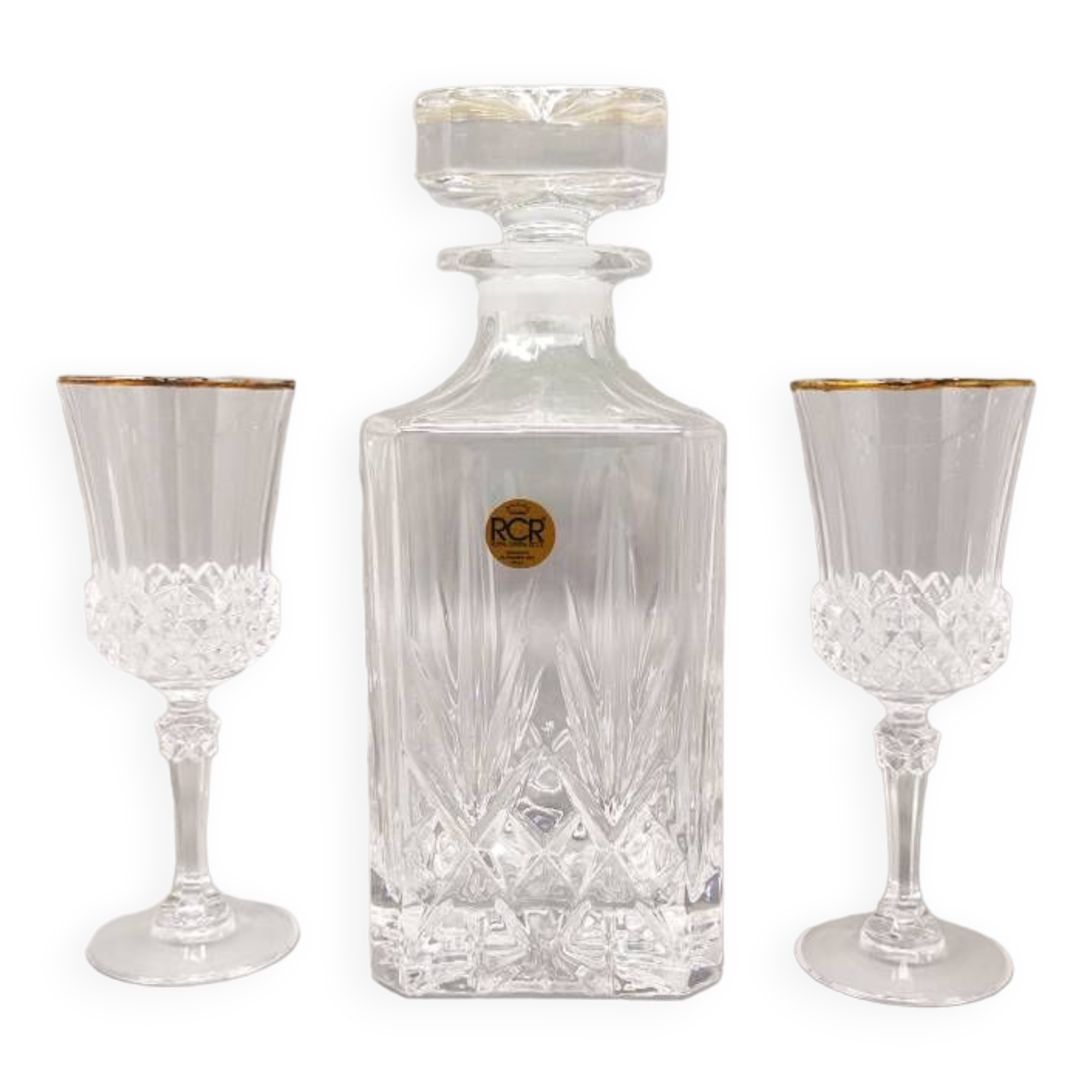 1970s crystal decanter with 2 crystal glasses by rcr. made in italy