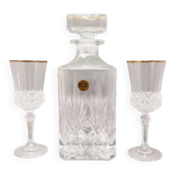1970s crystal decanter with 2 crystal glasses by rcr. made in italy