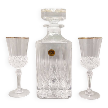 1970s crystal decanter with 2 crystal glasses by rcr. made in italy