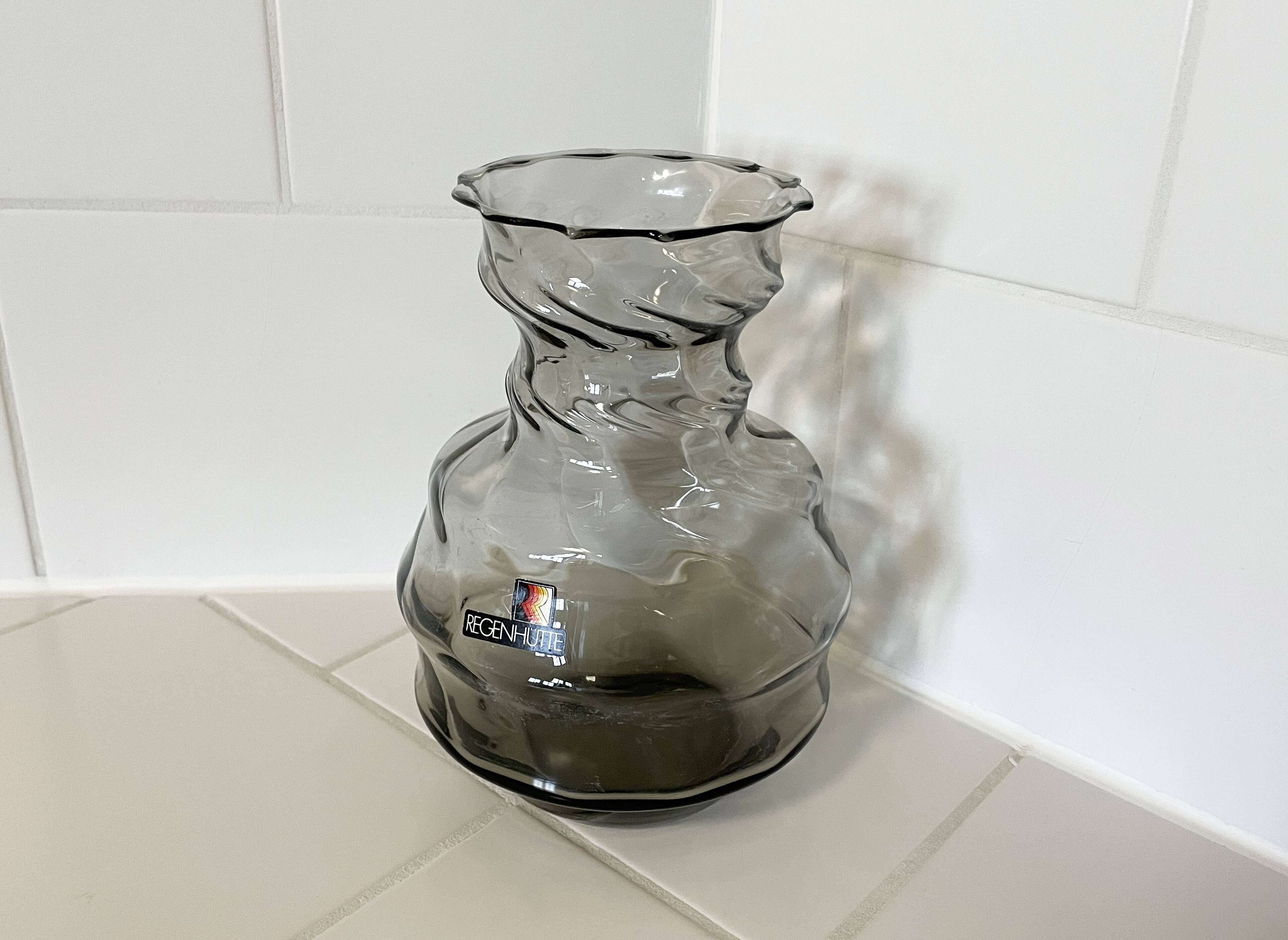 Smoky Gray Regenhütte Vase with Swirled Ribbing, German Handblown Glass