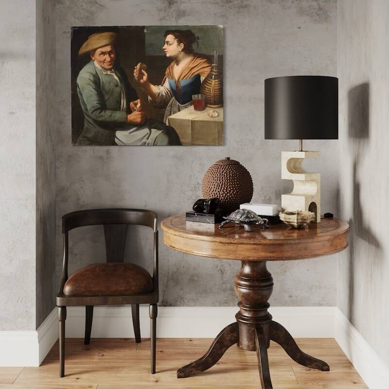 Antique Lombard painting from the 17th century, interior scene