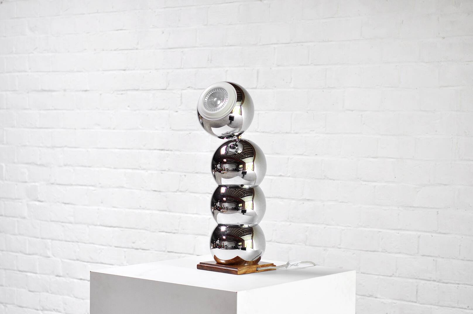 Modern eyeball chrome lamp with wooden base, 1960s