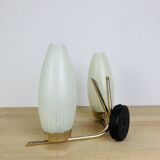 50s double-light wall light, brass and black metal, opaline tulips