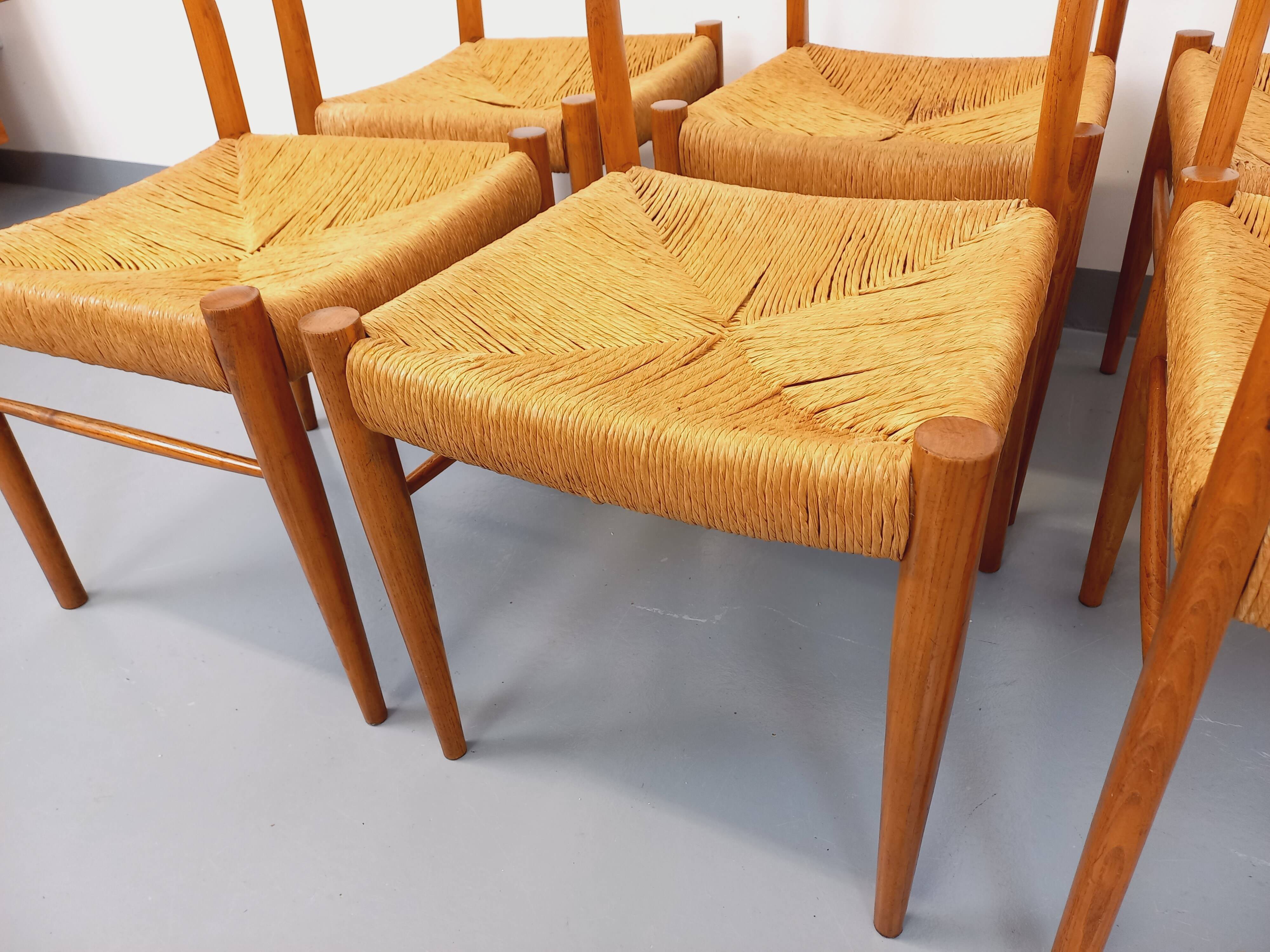 Set of 6 vintage teak Danish rope chairs Gessef Consorzio Sedie Friuli