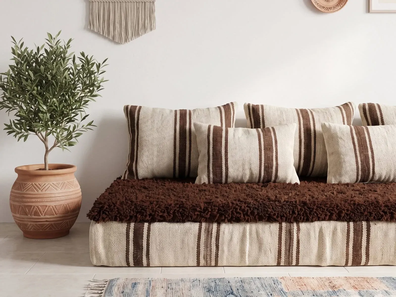 Striped coffee Hanbel floor cushion – Handwoven ivory wool