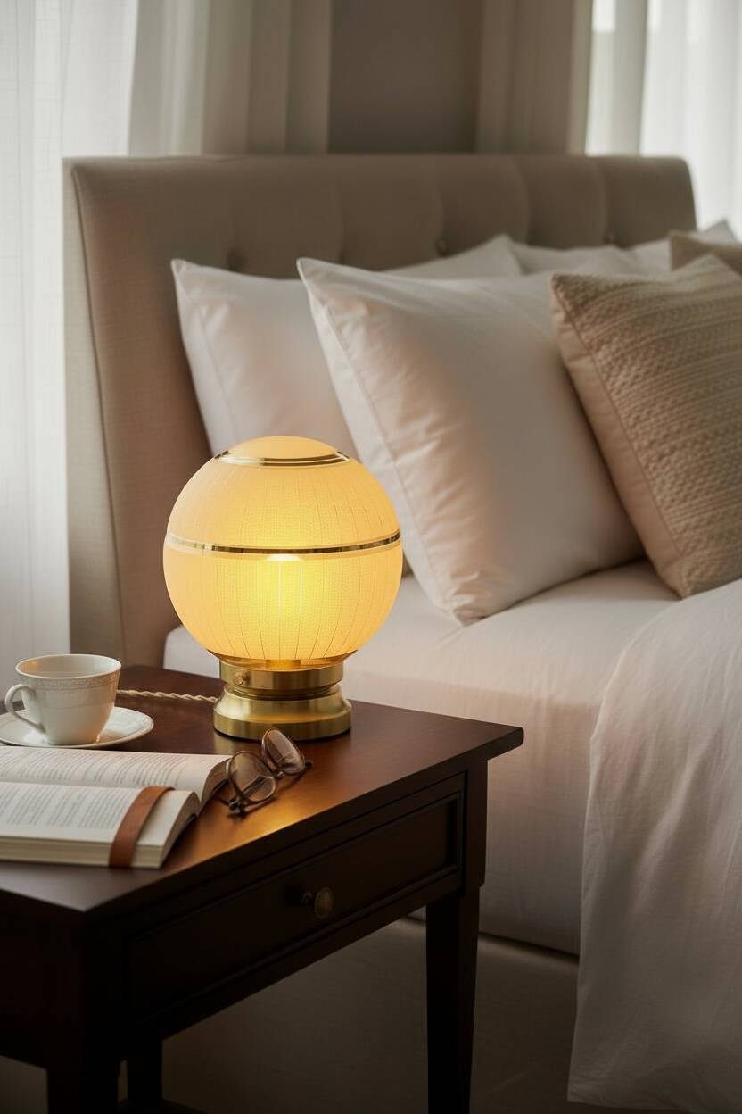 Pair of large art deco globe table lamps with brass legs